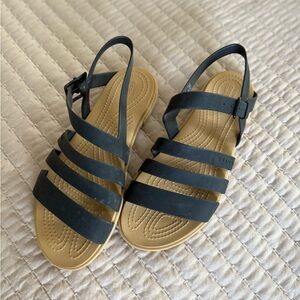 CROCS Black and Tan Strappy Sandals